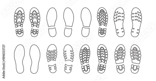 Footprint outlines black and white shoe sole patterns and imprint designs for tracing and design