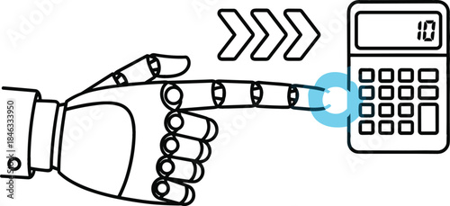 A robotic hand precisely pressing the 'equals' button on a digital calculator, symbolizing automation, artificial intelligence, and automated financial accounting.