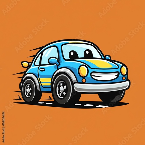 A cartoon blue car with yellow stripes and big eyes drives fast