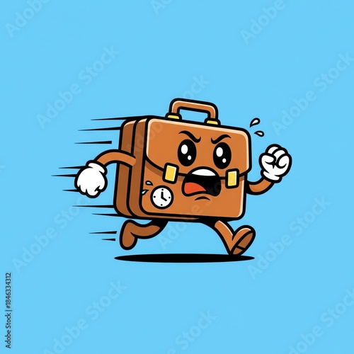 A cartoon briefcase with arms and legs running fast sweating