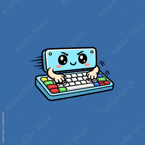 A cartoon computer character with large eyes and rosy cheeks types on a keyboard