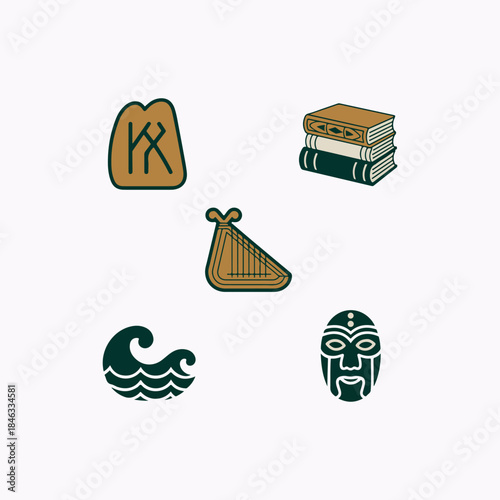 Finland Kalevala Folklore Duo Tone Outline Icons Books, Waves, Masks vactor illustration icon