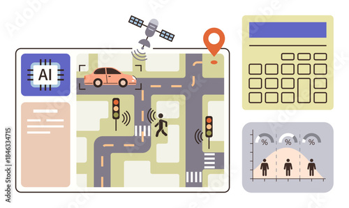 AI-powered urban traffic map with car, pedestrian, and signals, a satellite, calculator, and data chart. Ideal for AI, technology smart cities navigation traffic systems analytics future tech. A