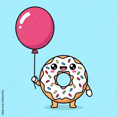 A cartoon donut holds a pink balloon on a blue background