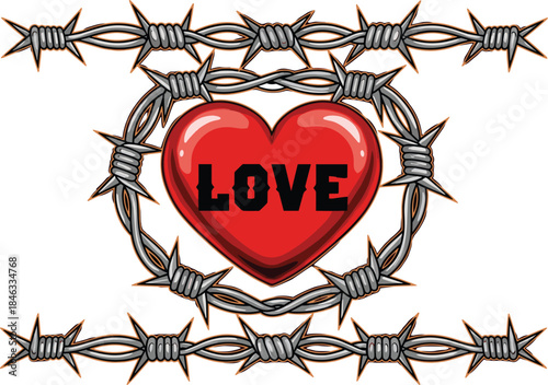 Love heart surrounded by barbed wire frame illustration symbolizing painful romance, passion and protection concept in bold vector style design