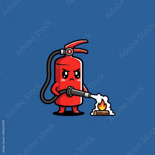 A cartoon fire extinguisher spraying water on a small fire