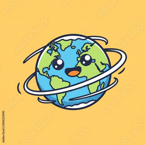 A cartoon globe with a happy face spins around its axis