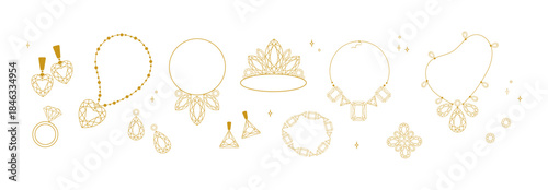 Luxury Gold Jewelry set on White Background.Various jewelry pieces earrings, necklaces, rings, tiara, and pendants for branding, packaging, invitations, logos, fashion design.Vector illustration