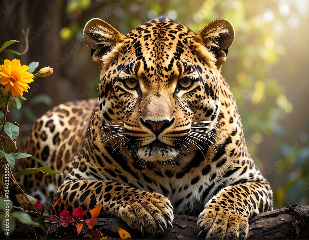 Obraz premium Close-up of a leopard relaxing on a branch, illuminated by sunlight