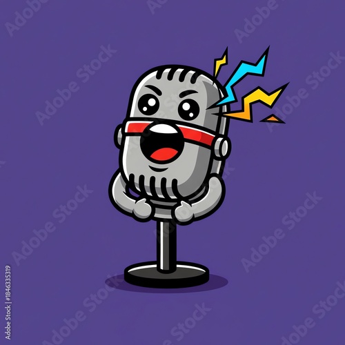 A cartoon microphone with arms and a stand set against a purple background