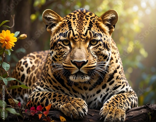 Wallpaper Mural Close-up of a leopard relaxing on a branch, illuminated by sunlight Torontodigital.ca