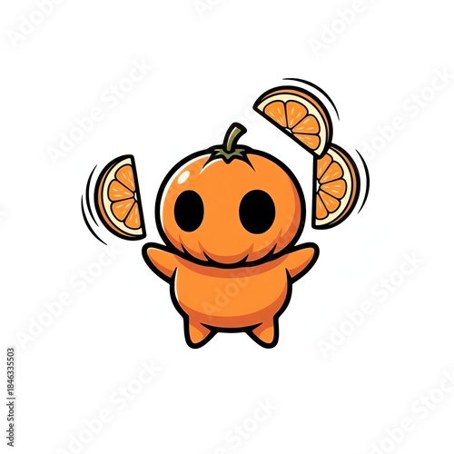 A cartoon orange with slices of orange floating around it