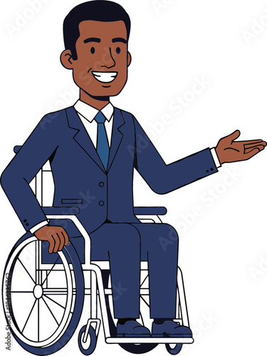 African American Businessman in Suit Sitting in Wheelchair Vector Illustration for Concepts of Workplace Diversity, Inclusion, and Accessibility