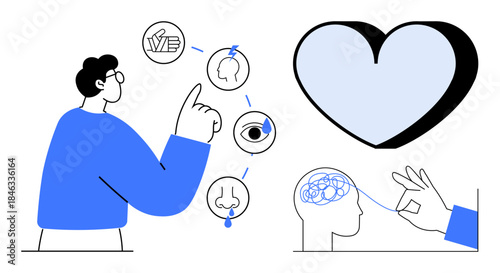 Healthcare, medical education, mental processing, emotional health, decision-making, sensory perception. Man pointing at sensory icons and brain. Mental processing and sensory perception ideas