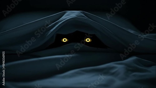 Glowing yellow eyes peeking from under dark bed sheet. Creature or monster hiding in bed. Childhood nightmare and fear concept footage.