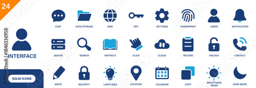 Interface icon. Includes users, record, chat, calendar, cloud, contact. Solid vector icon set.