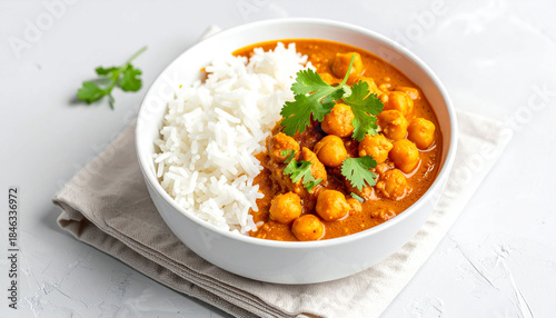 Indian red lentil curry with chickpeas, white rice and fresh cilantro, chana dal  in a white bowl 