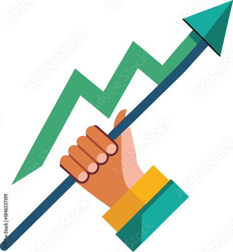 Hand holding arrow pointing upwards with green graph isolated on white background