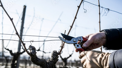 Person pruning grapevines in vineyard during winter season  