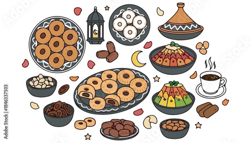 A variety of Eid al-Fitr foods with black outlines