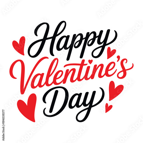 Handwritten happy valentines day lettering with red hearts romantic love calligraphy illustration