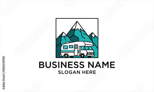 Retro RV Camper Van Adventure in the Mountains Logo.