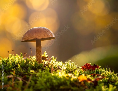 Wallpaper Mural Close-up of a lone mushroom in a mossy forest under autumn sunlight Torontodigital.ca