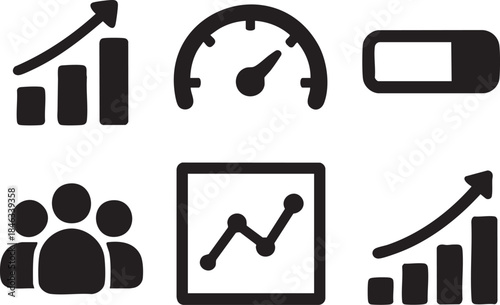 Business icons set showing growth chart speed meter battery and team symbols