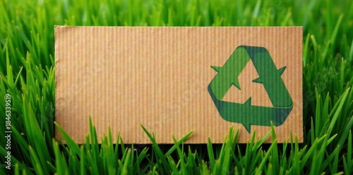Green grass backdrop with textured cardboard recycling symbol , eco, eco-friendly