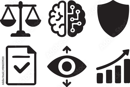 AI law icons set with justice scale shield graph eye and document symbols