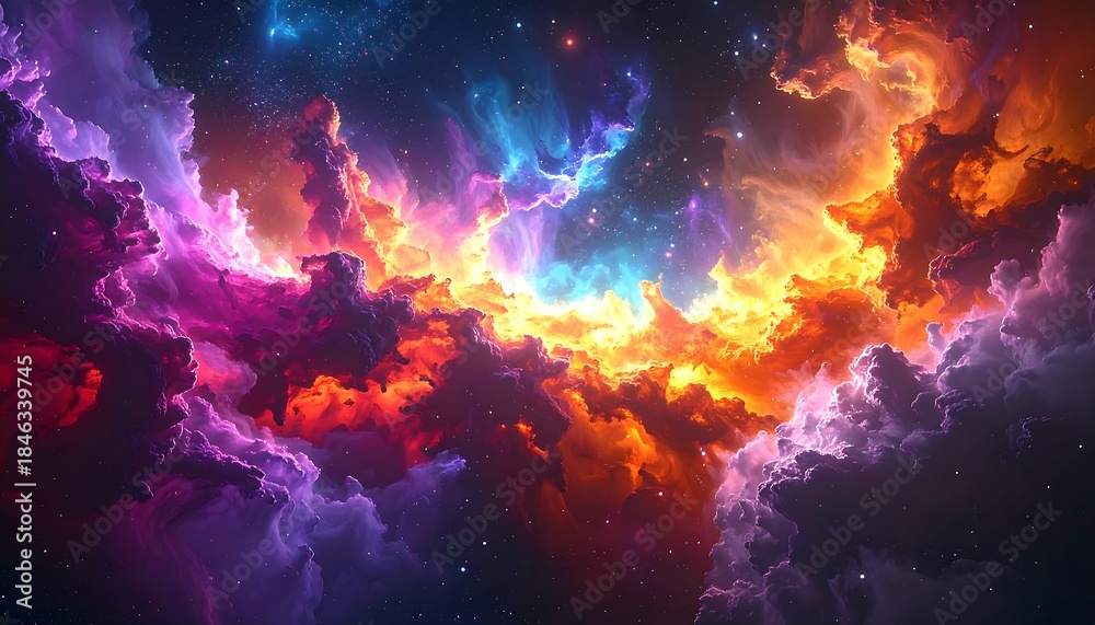 Fototapeta premium A vibrant nebula of swirling colorful clouds, blending purples, oranges, and blues, set against a backdrop of stars
