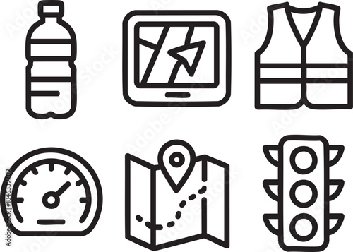 Travel icons set showing navigation safety and road symbols on white background