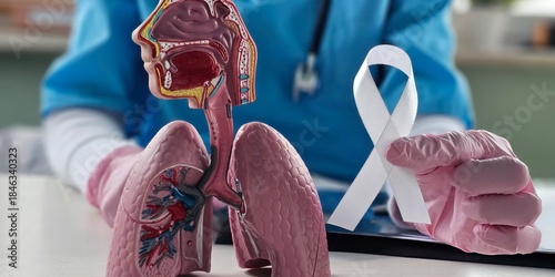 Tableau sur toile Doctor demonstrating lung health awareness with model and white ribbon tape and