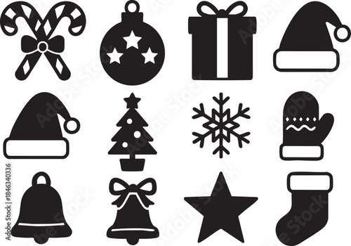 Christmas icons black set simple holiday symbols on white background