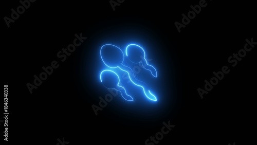 Photos Bright blue neon outline of three sperm cells with glowing tails on a dark Generate title without using the word Title: before it