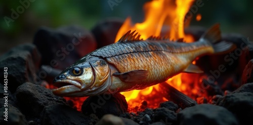 Grilled fish over campfire flames, smoky char , adventure, sunset, evening