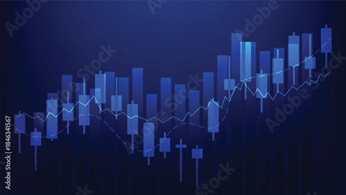 financial market and business investment growth. candlesticks and bar chart with graphic indicator on blue background