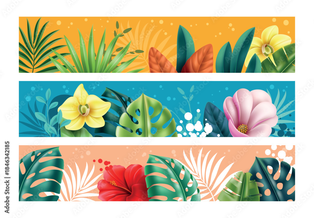 Naklejka premium Tropical plants board pages. Horizontal borders, exotic palm leaves, hibiscus and magnolia flowers. Botanical banners design. Natural paradise foliage. Beach trendy background. Vector set