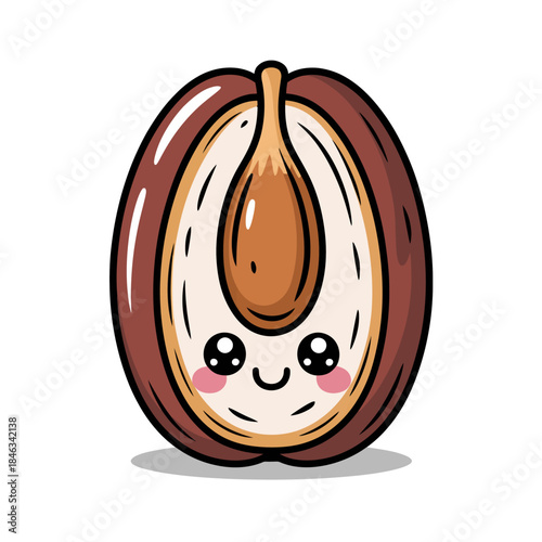 A charming cartoon representation of an date  pit with a smiling face. The pit features round eyes and blushing cheeks