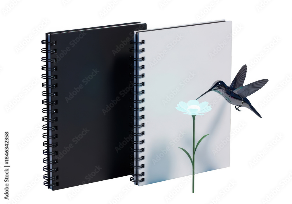 Naklejka premium Hummingbird drinking nectar from a glowing flower on an open notebook isolated on transparent background