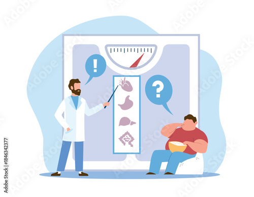 Nutritionist consultation and diagnostics. Fat overweight man at doctor appointment, medical diet planning, weight control, obesity prevention, cartoon flat style vector health care concept