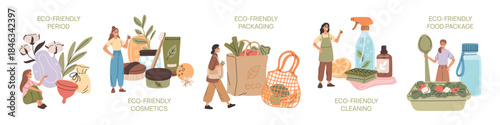Natural product choice people. Eco friendly lifestyle, reusable and recyclable, conscious consumption, environment care, bio food package and cosmetics, garish vector cartoon isolated set
