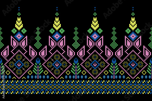 Cross stitch pattern concept showcasing traditional ethnic geometric pattern, Design for textile, background,carpet,wallpaper,clothing,wrapping,Batik,fabric,Vector illustration	
