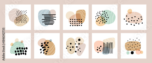 Contemporary abstract shapes. Hand drawn creative collages, irregular smooth organic forms, drops, curves and spots minimal compositions, decorative square posters design garish vector set