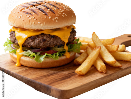 나무도마위에놓인치즈버거와감자튀김세트