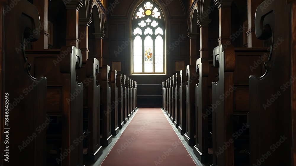 Fototapeta premium phonology. Ancient wooden church pews in rows, light from stained glass window. event programs, museum guides, designed for cultural heritage projects and event programs.