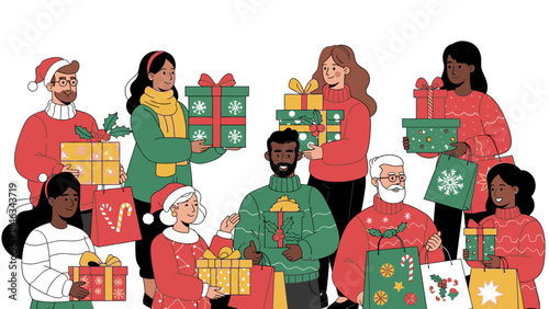 Diverse group of people in festive sweaters exchanging gifts on Christmas Day with a cheerful atmosphere and colorful presents, ushering in Happy New Year 2026.