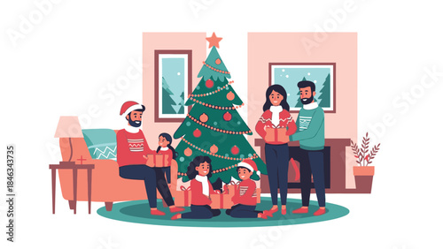 A cheerful family of six wearing festive attire sitting and standing around a decorated Christmas tree in a cozy living room on Christmas Day with a joyful mood and warm colors.
