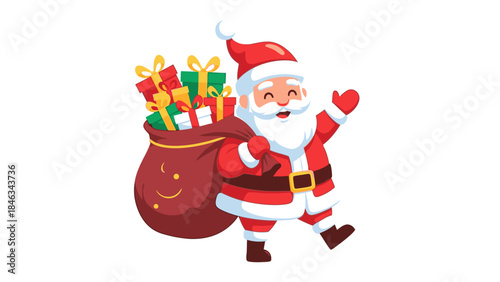 Cartoon Santa Claus holding a sack of gifts and waving on Christmas Day with a joyful gesture.