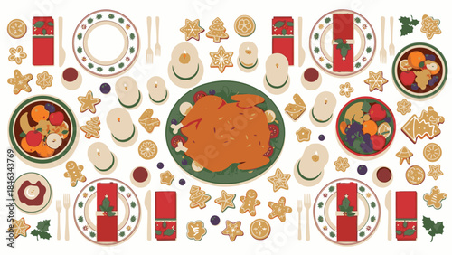 Flat lay of a festive Christmas Day table setting with plates of food, utensils, and decorations on a white background, celebrating Happy New Year 2026.